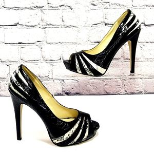 JOEY O -Stiletto, approx. 4.5” heel, black/white w/animal print, size 6.5